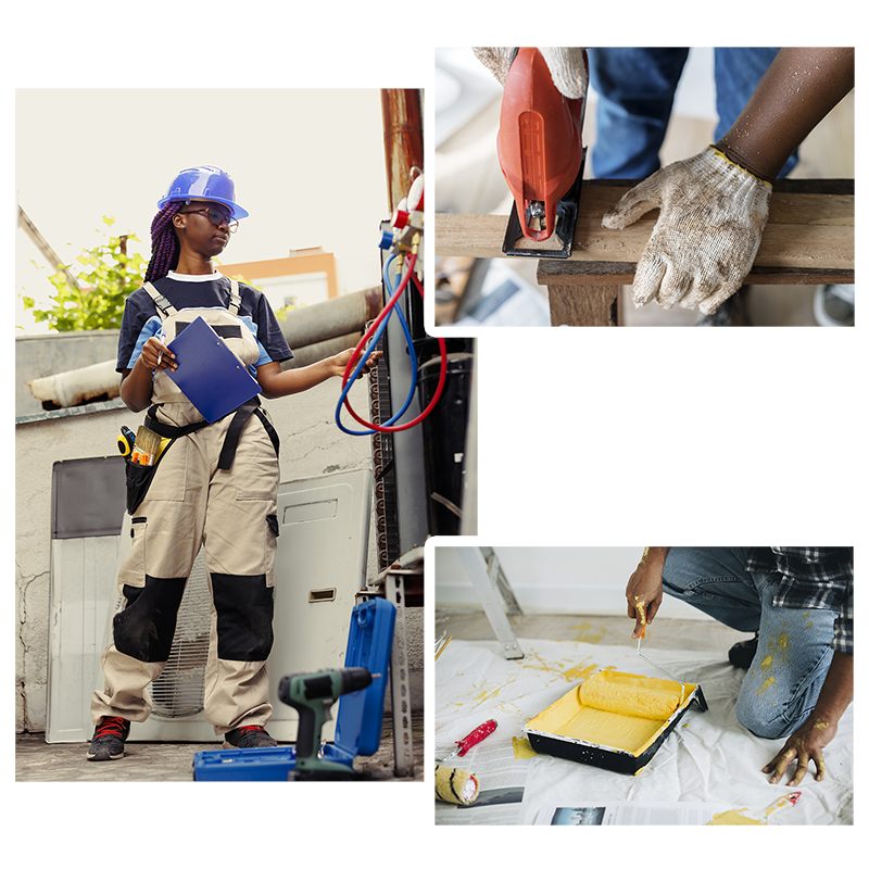 Techniciens Optima Solution au travail : installation d'équipements, découpe du bois et travaux de peinture